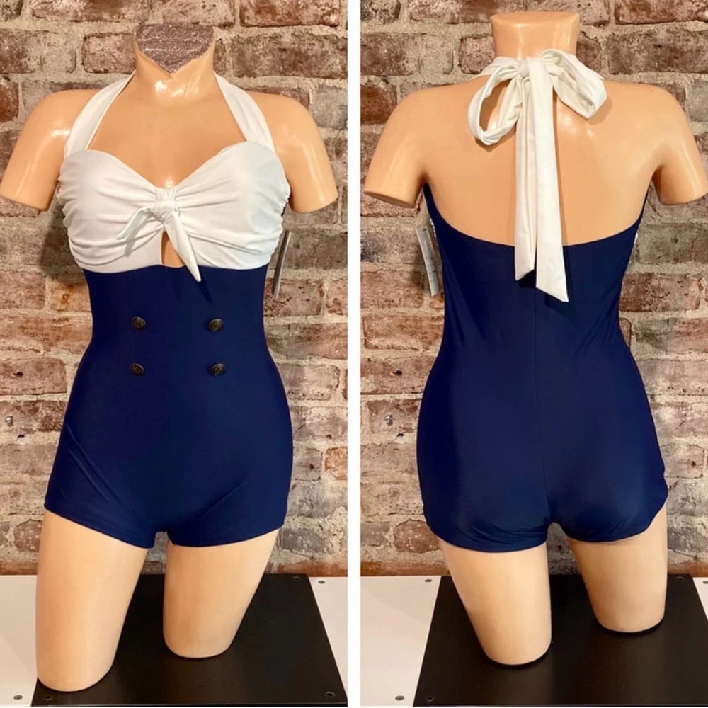 Unique Vintage Nautical Sailor White and Navy One Piece